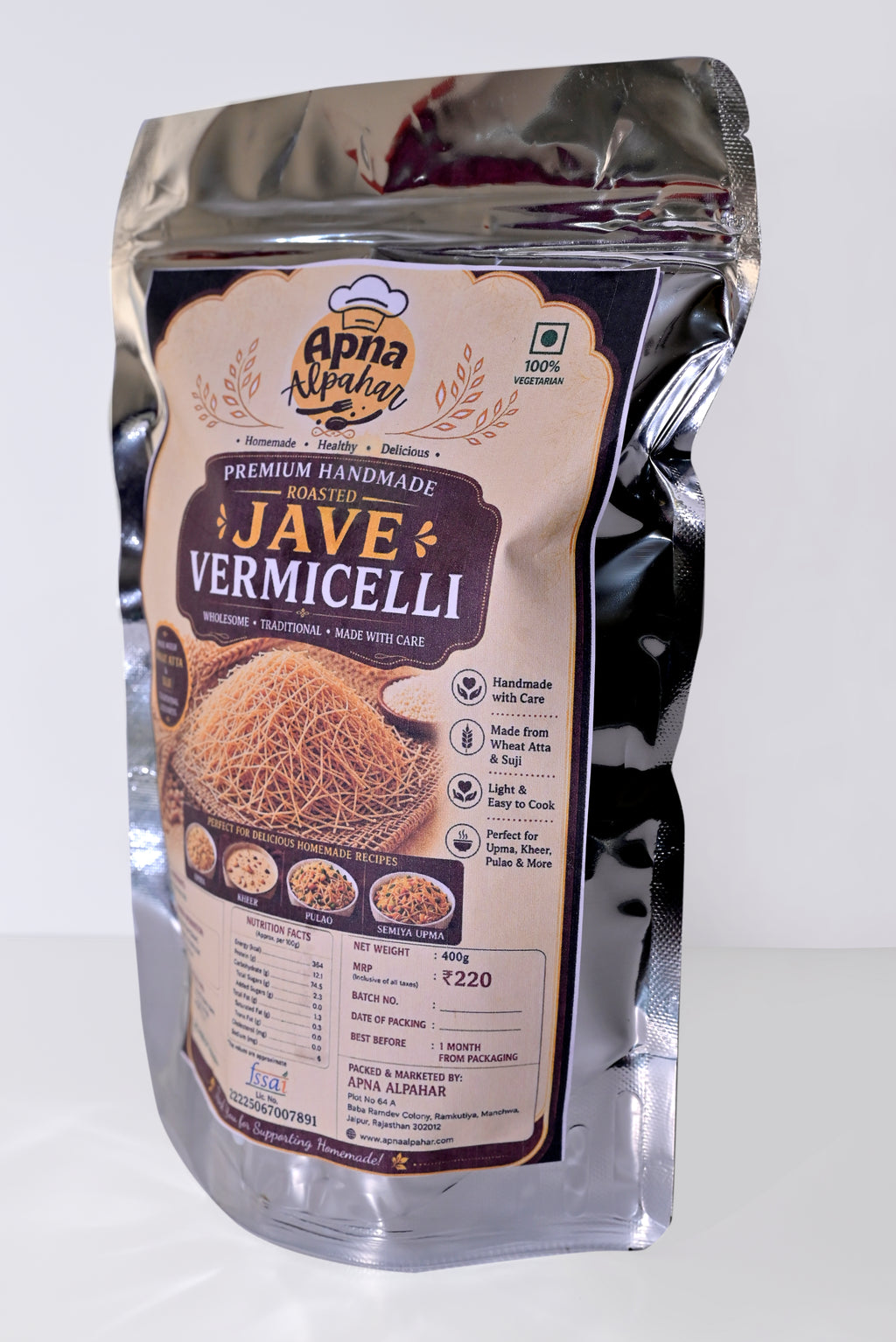 Apna Alpahar  100% Natural Hand Made Roasted Vegetarian Vermicelli/Jave/Sawai/Sevai/Semia 400 Grams