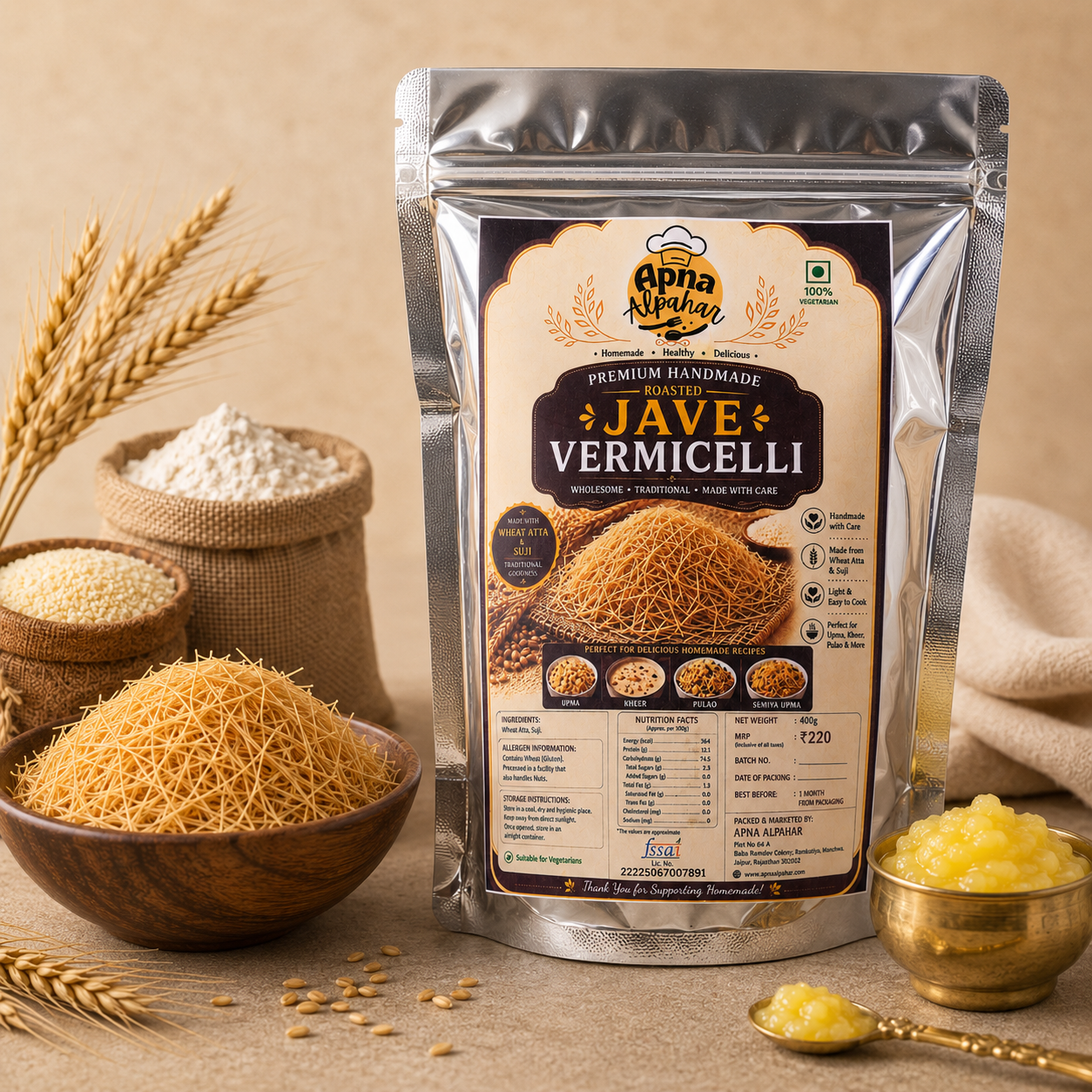 Apna Alpahar  100% Natural Hand Made Roasted Vegetarian Vermicelli/Jave/Sawai/Sevai/Semia 400 Grams