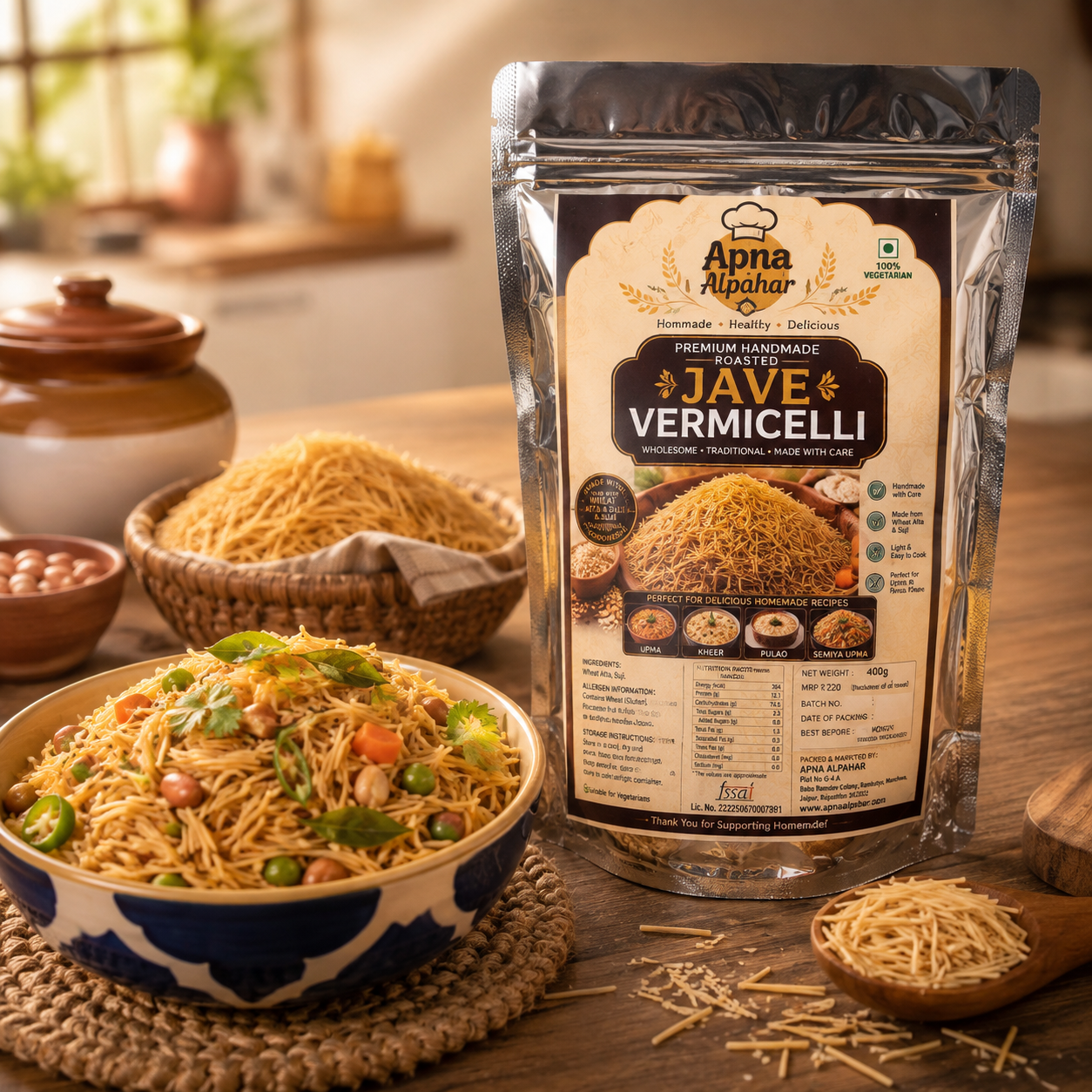Apna Alpahar  100% Natural Hand Made Roasted Vegetarian Vermicelli/Jave/Sawai/Sevai/Semia 400 Grams